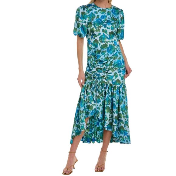 AMUR Blue Green Floral Ruched Asymmetrical Midi Dress - Size 4 - Picture 1 of 10